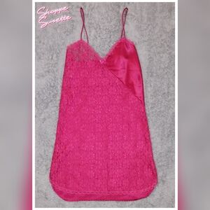 Sasson Oo La La! Rare Vintage Magenta Pink Satin Lace Slip Dress Chemise Medium
